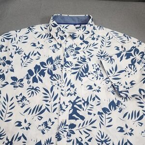 International Report Tropical Floral Shirt White Blue Short Sleeve Mens Large